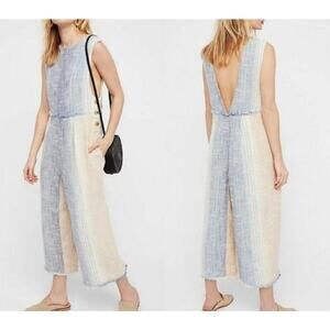 NWT Free People Moab Jumpsuit Striped Romper Cotton V Back XS Wide Leg Cropped